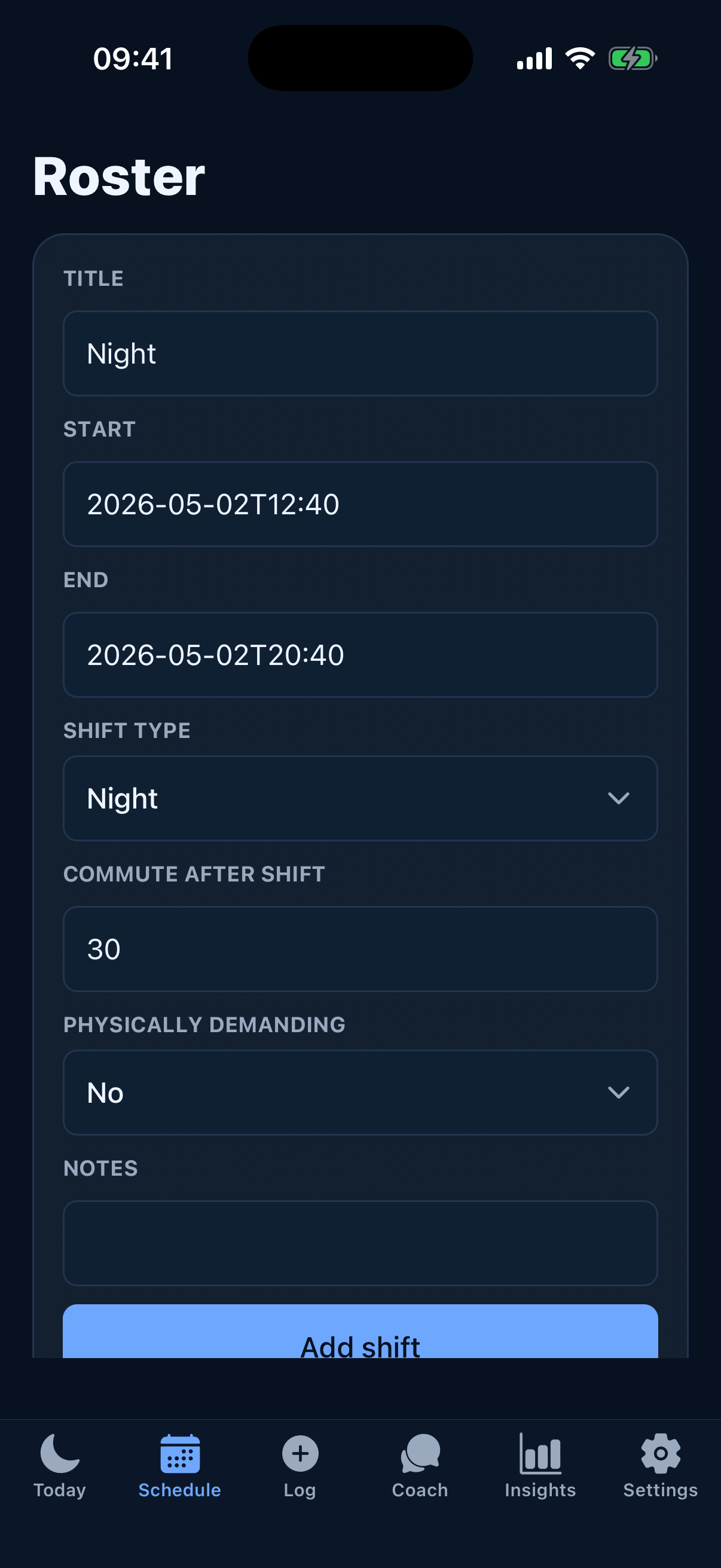 SleepShift AI schedule screen screenshot