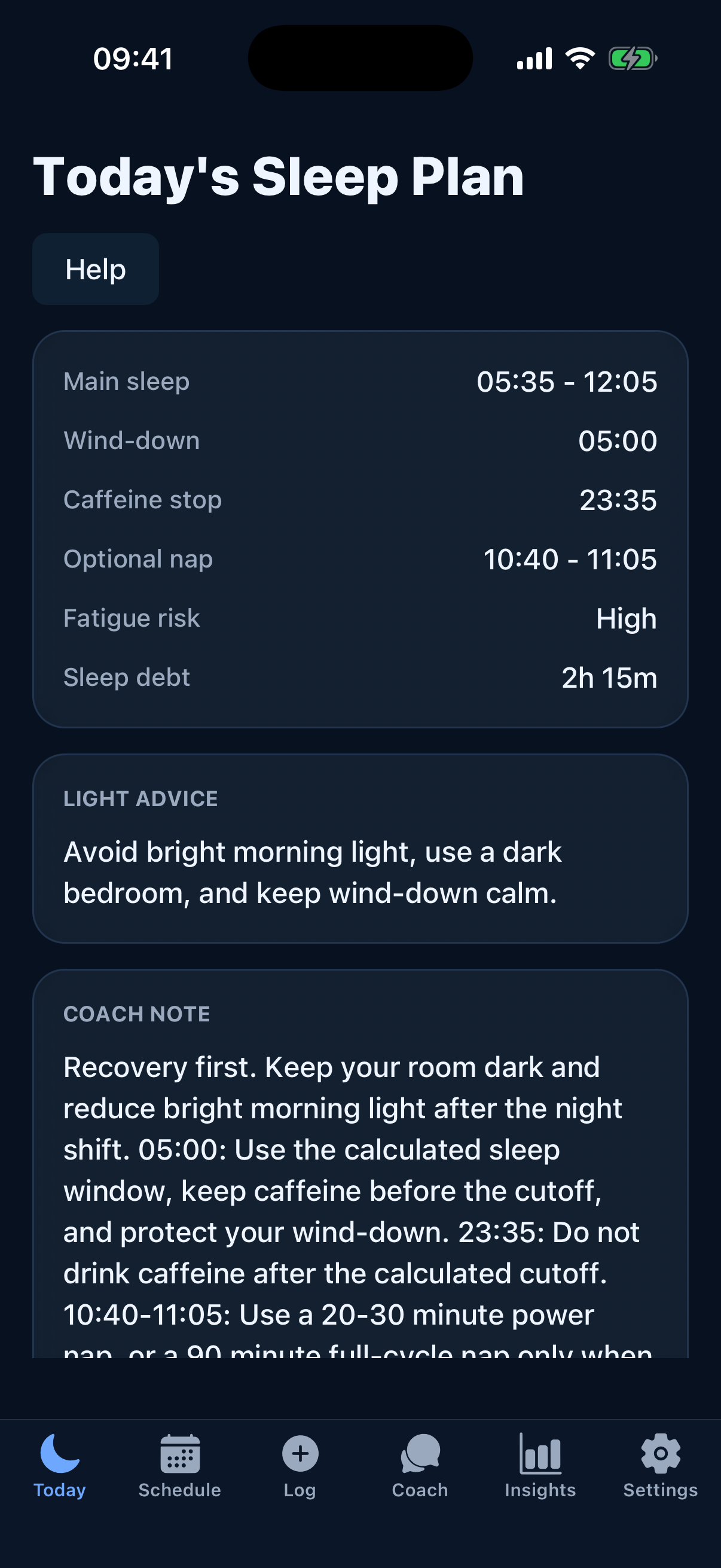 SleepShift AI Today screen screenshot